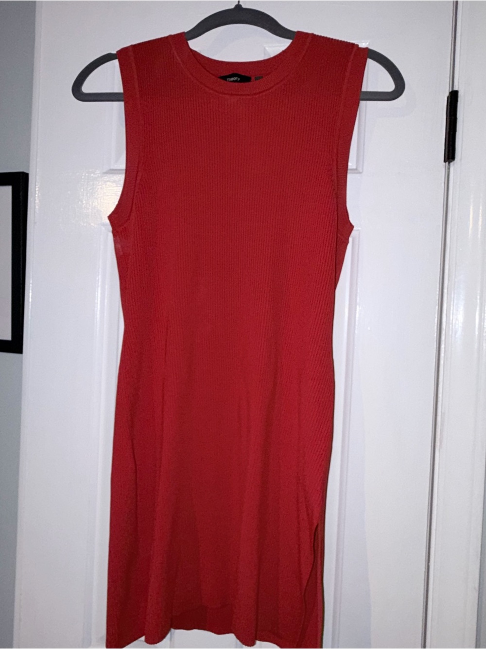 Theory Red Ribbed Sleeveless Midi Dress with Slit